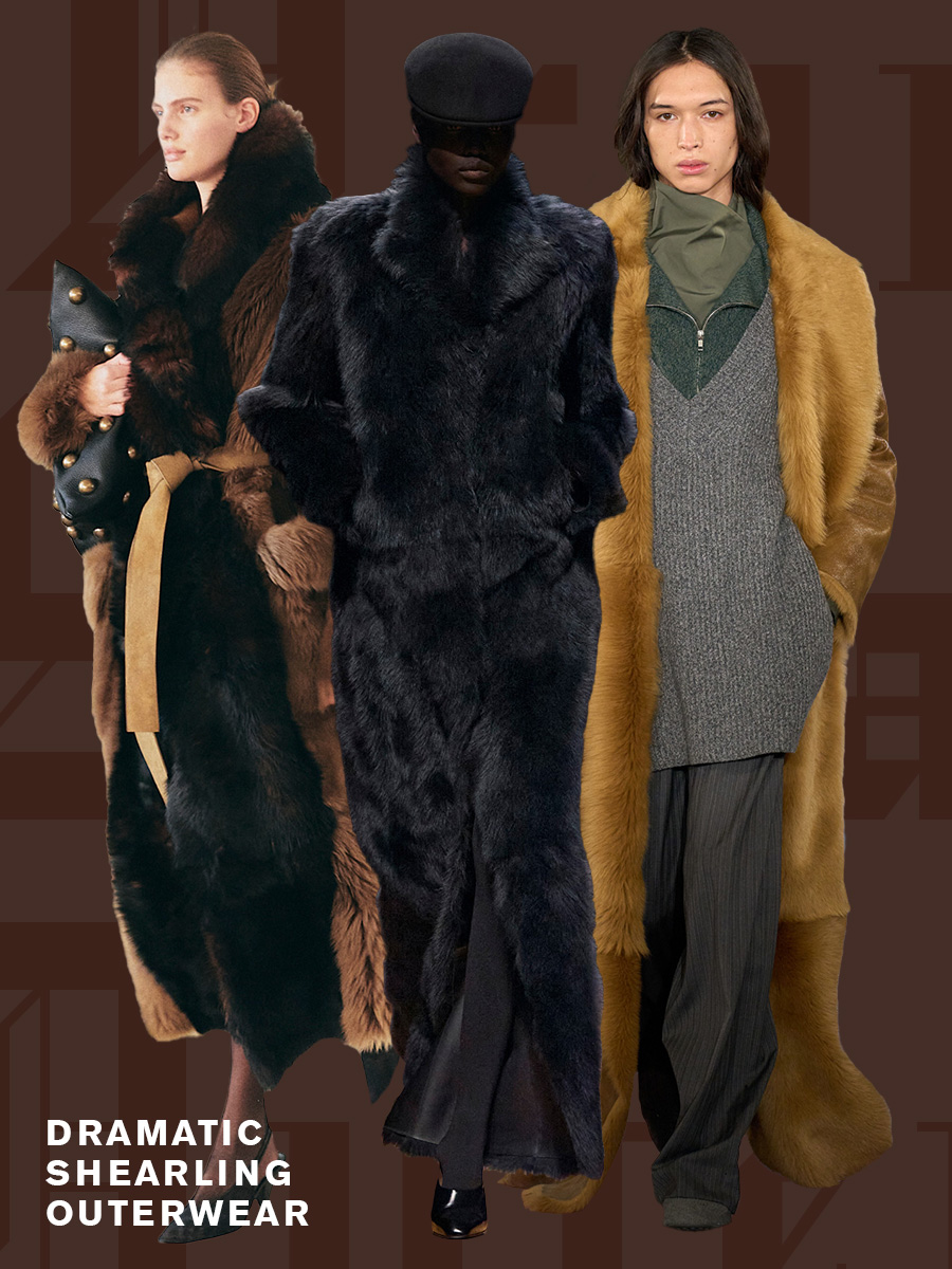 A collage of models wearing shearling coats at the fall/winter 2025 shows.