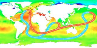 This map shows the average distribution of sea-surface salinity, with red representing areas of high salinity, and green representing areas of low salinity. It also shows the global ocean circulation pattern called the thermohaline circulation. Temperature and salinity variations are key variables affecting ocean circulation.