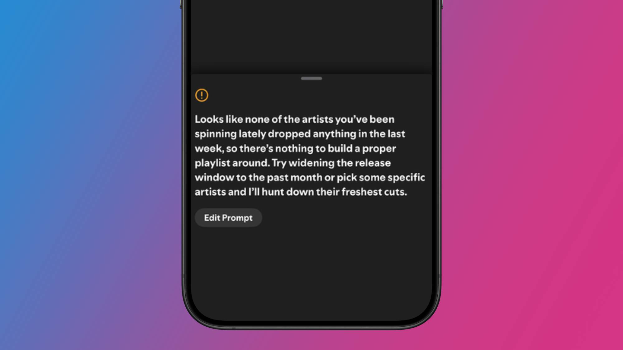 A smartphone showing an error pop-up in Spotify Prompted Playlists