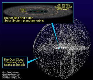 Graphic illustration showing a large sphere of smaller objects (the oort cloud).