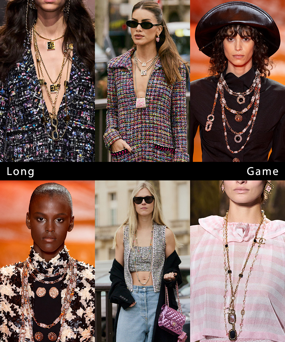 a collage of models and women wearing the '80s inspired jewelry trend long layered chunky necklaces