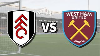 The Fulham and West Ham United club badges on top of a photo of Craven Cottage in London, England