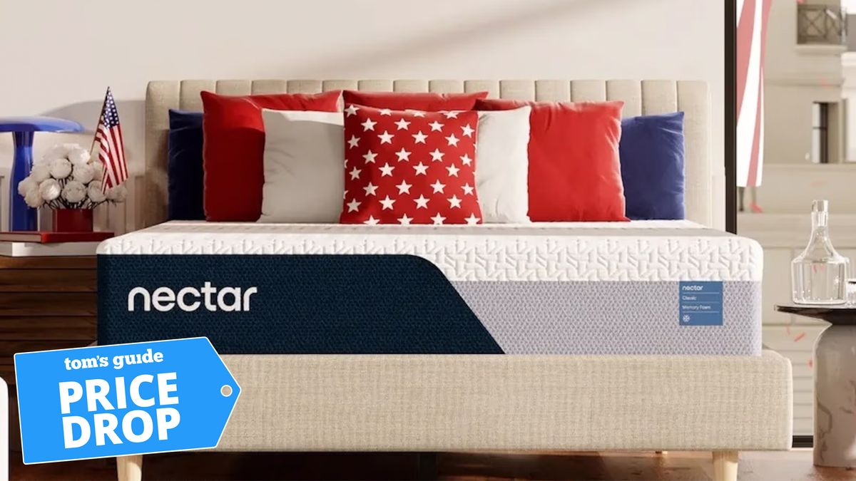 A Nectar mattress with a patriotic bedspread