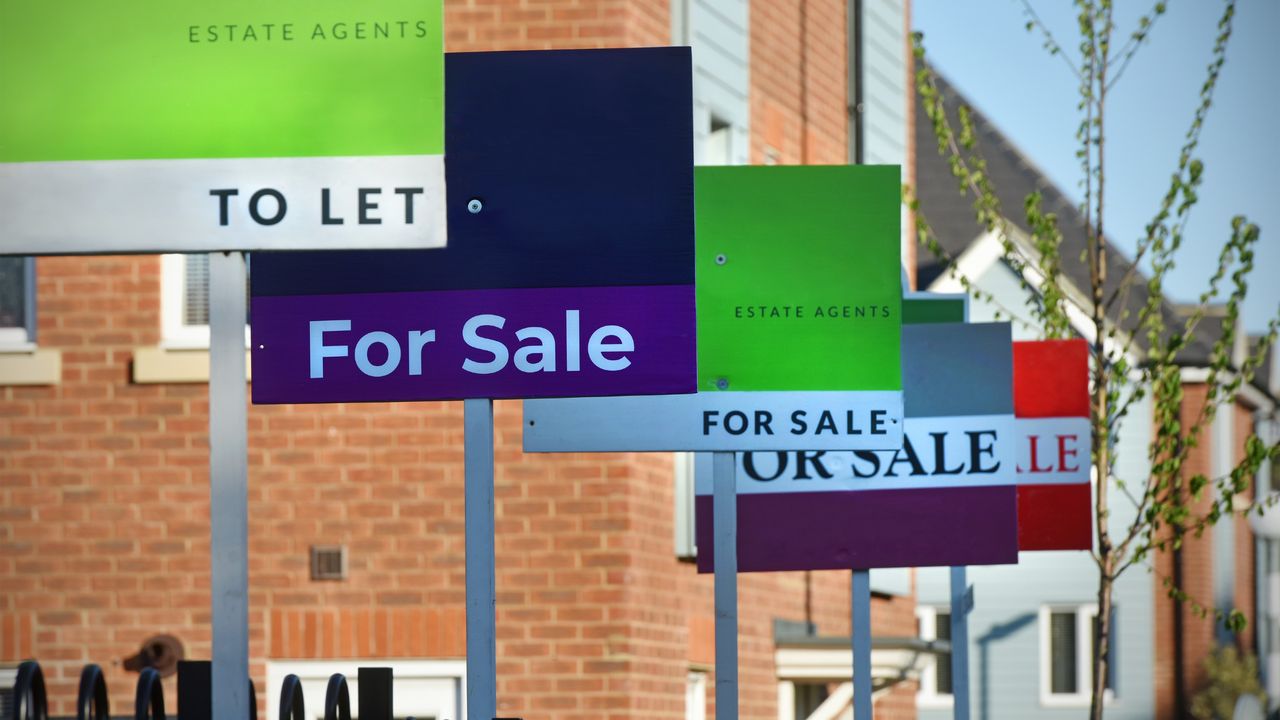 A row of houses with &#039;for sale&#039; signs