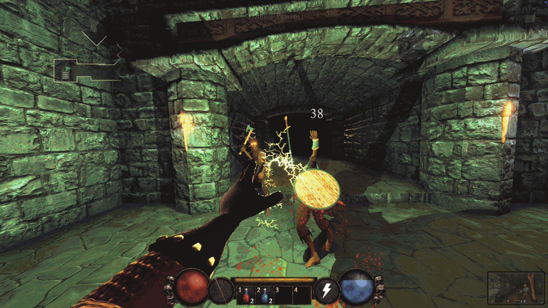 A player character fires a lightning spell at undead warriors in Heathen.