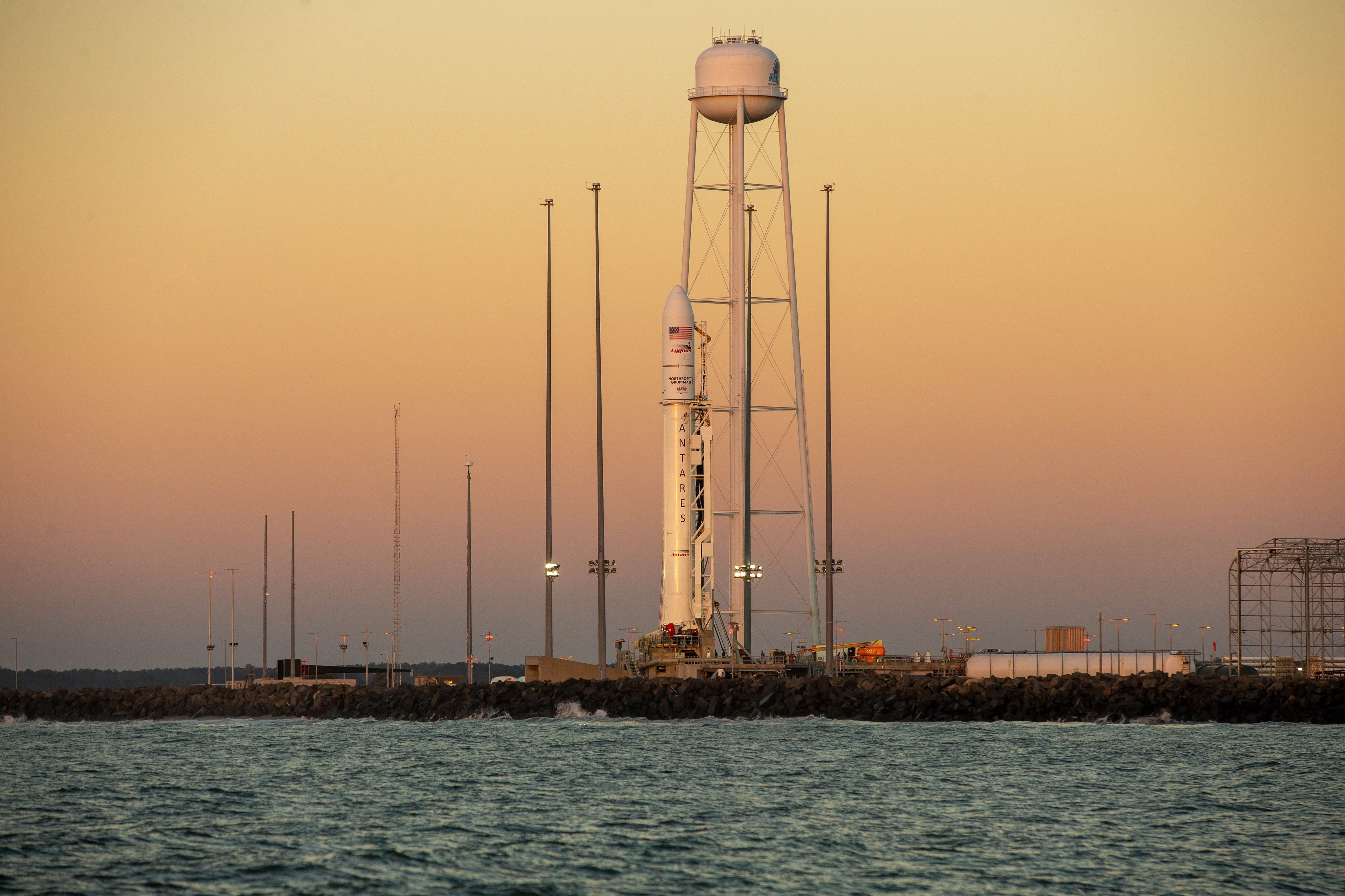 An Antares rocket stands poised to launch Northrop Grumman's NG-17 robotic resupply mission from NASA's Wallops Flight Facility in Virginia. Liftoff is scheduled for 12:39 p.m. EST (1739 GMT) on Feb. 19, 2022.