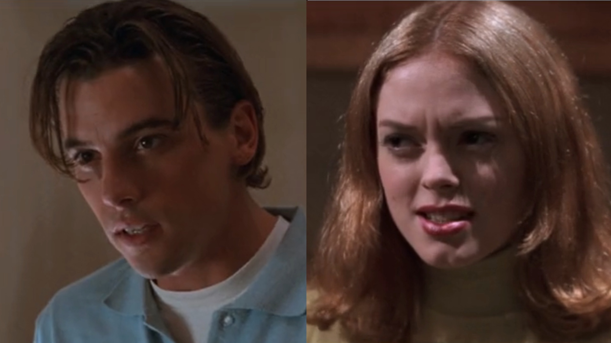 Skeet Ulrich and Rose McGwowan from Scream side by side. 