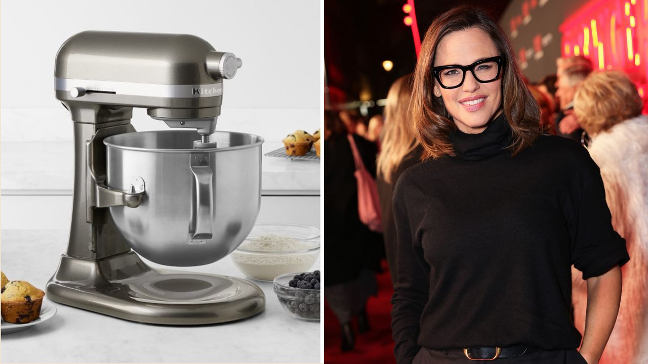 A collage of Jennifer Garner wearing black clothing at Stranger Things premier on right, with Jennifer Garner&#039;s KitchenAid stand mixer to left