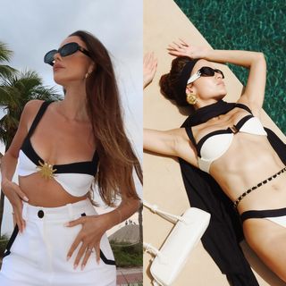 a collage showing the black and white swimwear trend on fashion influencers