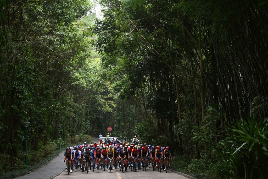 NANNING CHINA OCTOBER 14 A general view of the peloton passing through Nanning city during the 4th GreeTour of Guangxi 2023 Stage 3 a 1343km stage from Nanning to Nanning UCIWT on October 14 2023 in Nanning China Photo by Tim de WaeleGetty Images