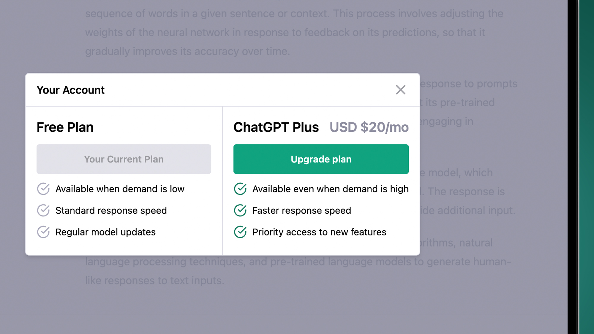 Экран ноутбука на зеленом фоне, на котором показаны цены на ChatGPT Plus.