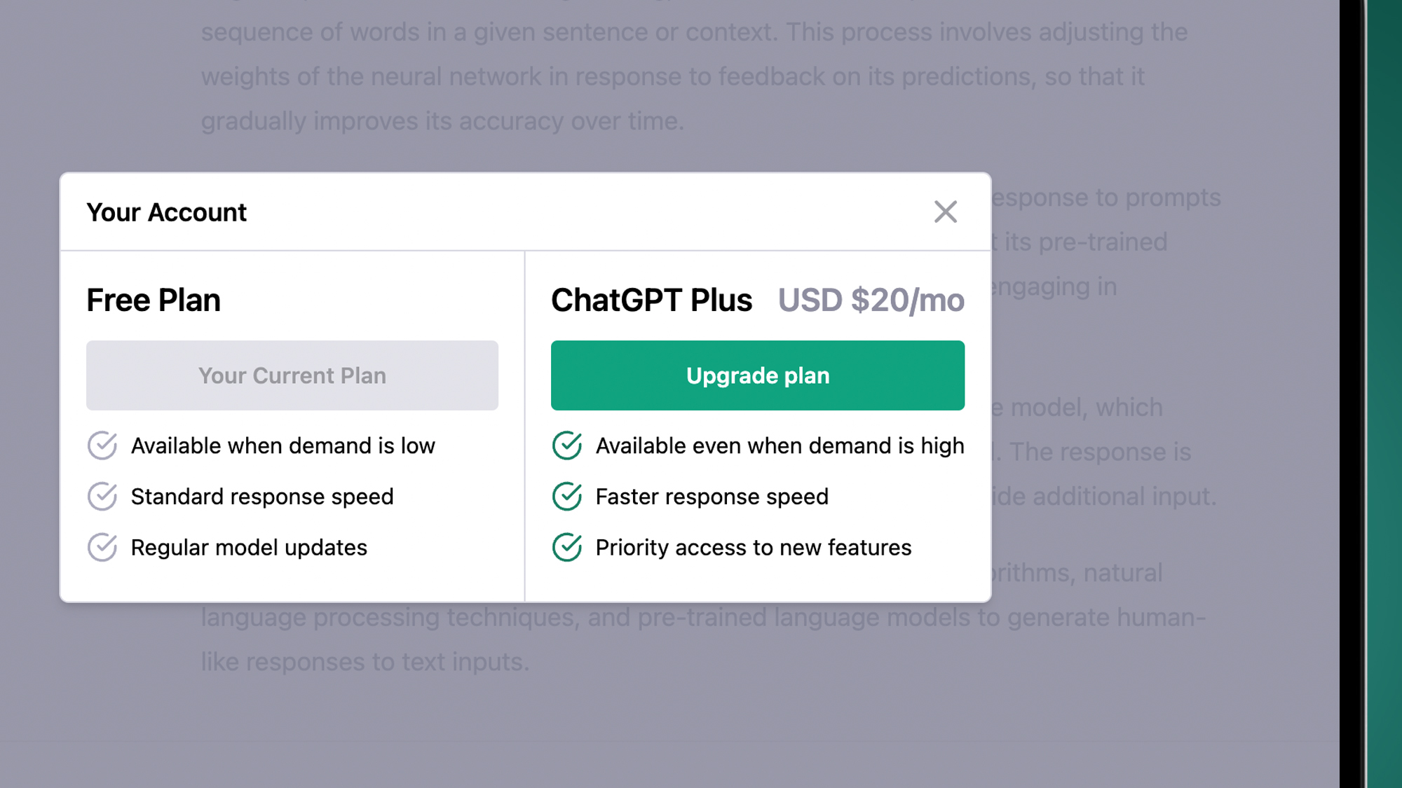 A laptop screen on a green background showing the pricing for ChatGPT Plus