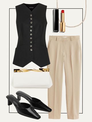 Match vest, trousers, high heels, handbag, necklace, lipstick