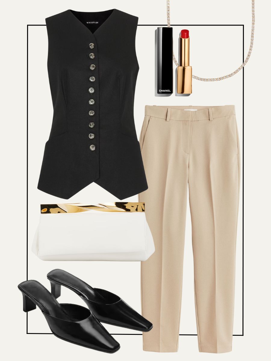 Collage of waistcoat, trousers, heels, bag, necklace, lipstick