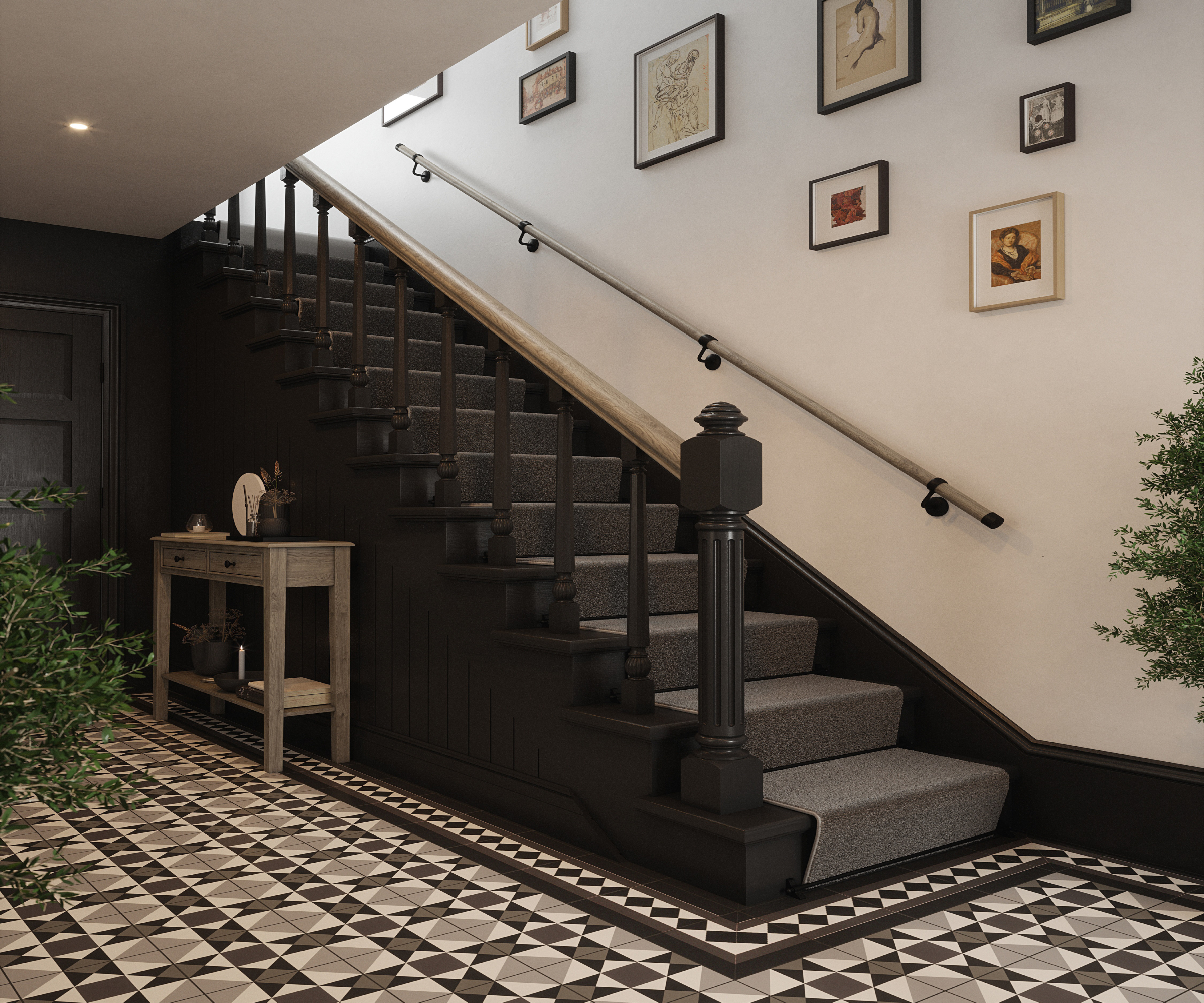 black painted staircase with metal handrail on side wall