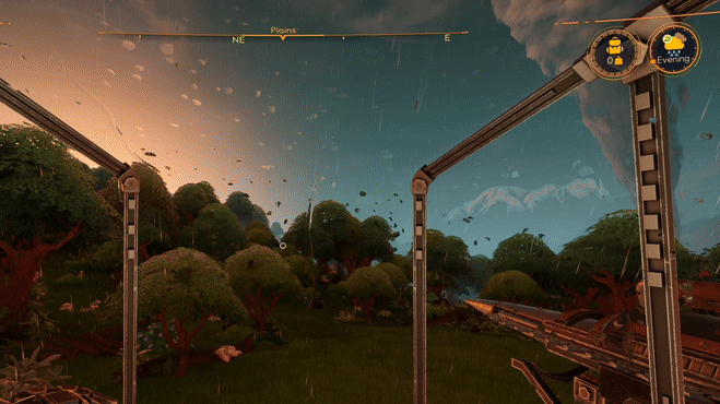 A gif of Lightyear Frontier, showing a tornado spinning as it looms above the player, rain pattering onto the glass canopy of their mech.