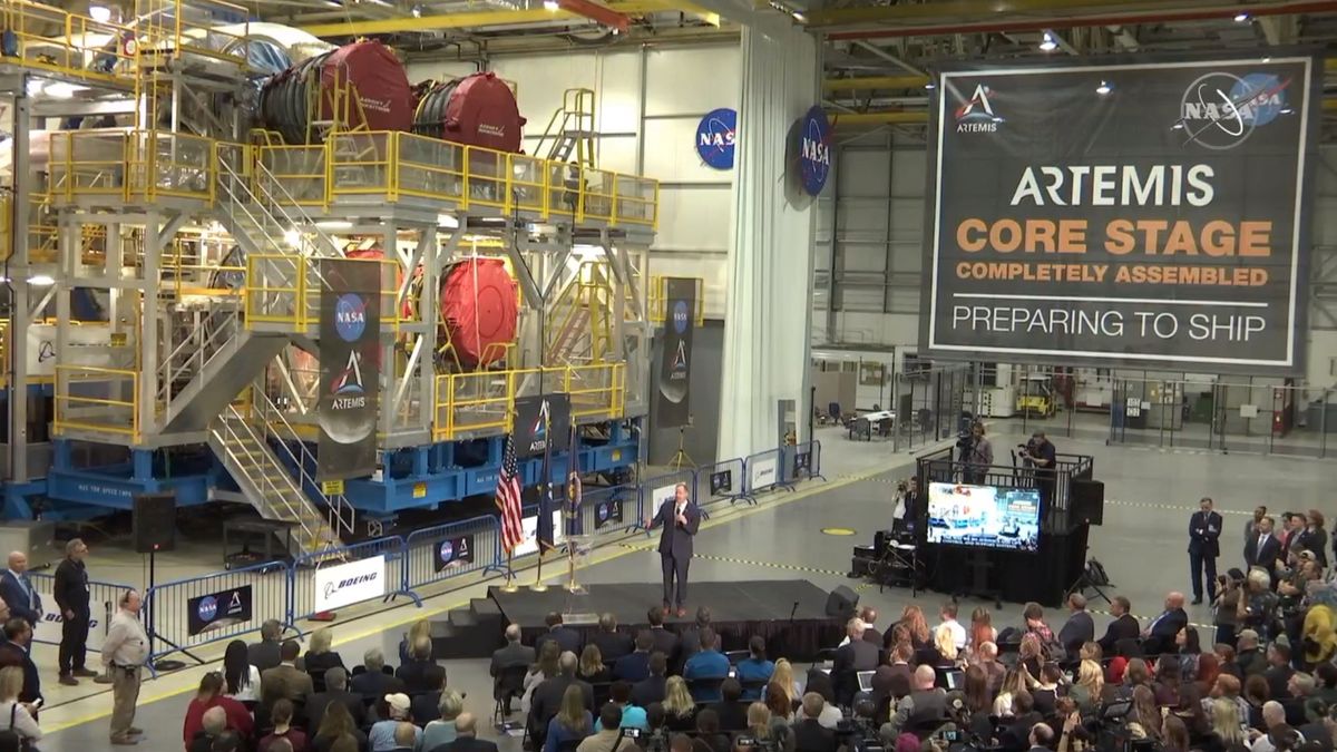 NASA Administrator Jim Bridenstine spoke in front of the first completed core stage of an SLS rocket on Dec. 9, 2019.