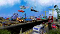 Keyart for Car Park Capital, showing cars in a car park, one of which is being carried off by a UFO.