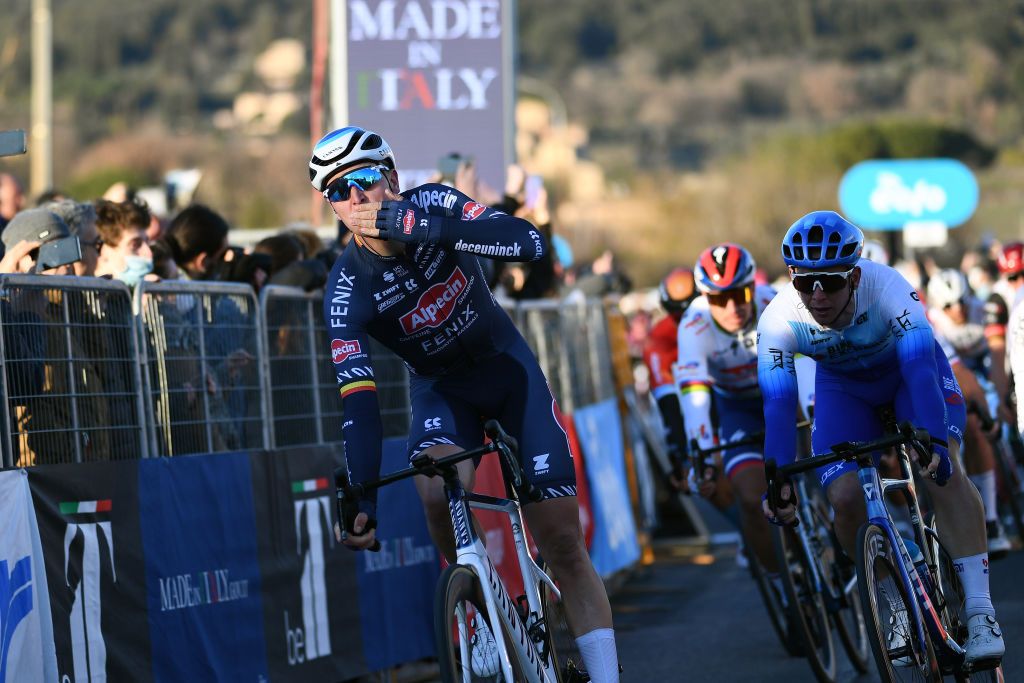 SOVICILLE ITALY MARCH 08 Tim Merlier of Belgium and Team AlpecinFenix celebrates at finish line as stage winner during the 57th TirrenoAdriatico 2022 Stage 2 a 219km stage from Camaiore to Sovicille TirrenoAdriatico WorldTour on March 08 2022 in Sovicille Italy Photo by Tim de WaeleGetty Images