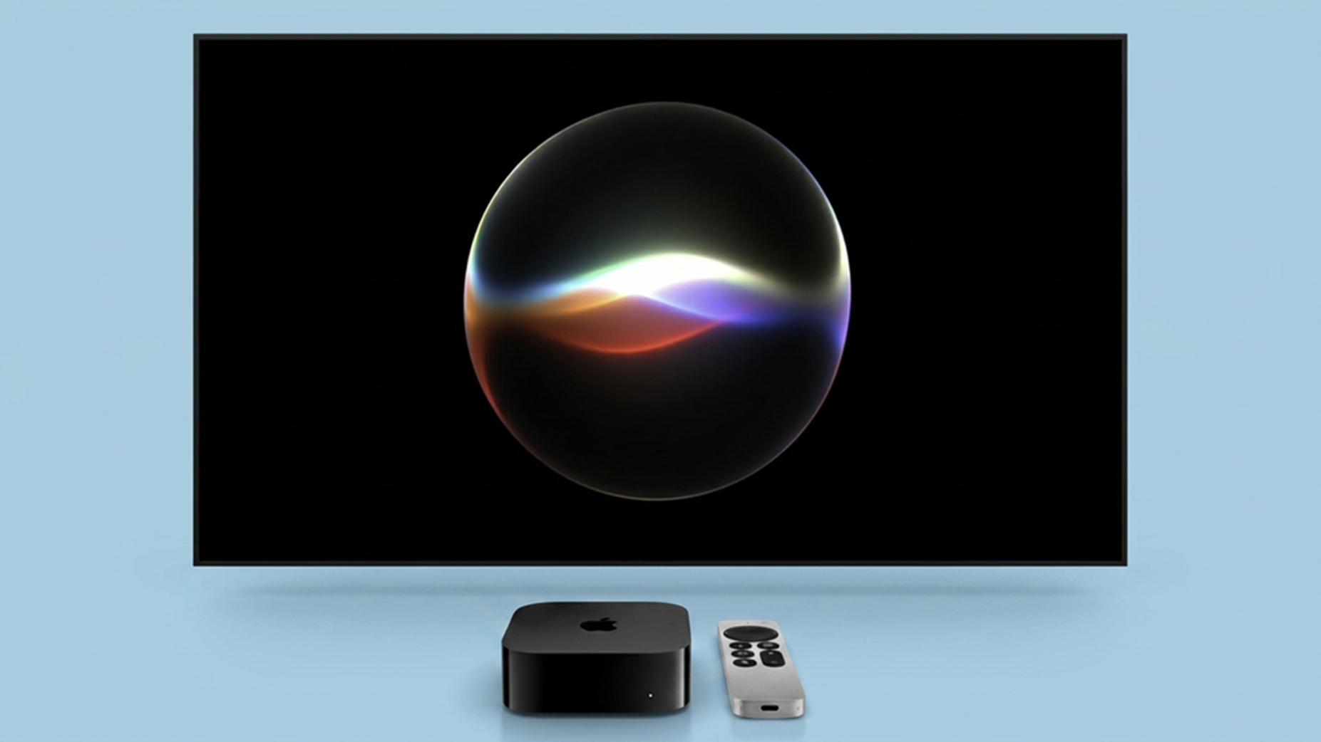 Apple TV with Siri AI on a big screen &ndash; on a blue background