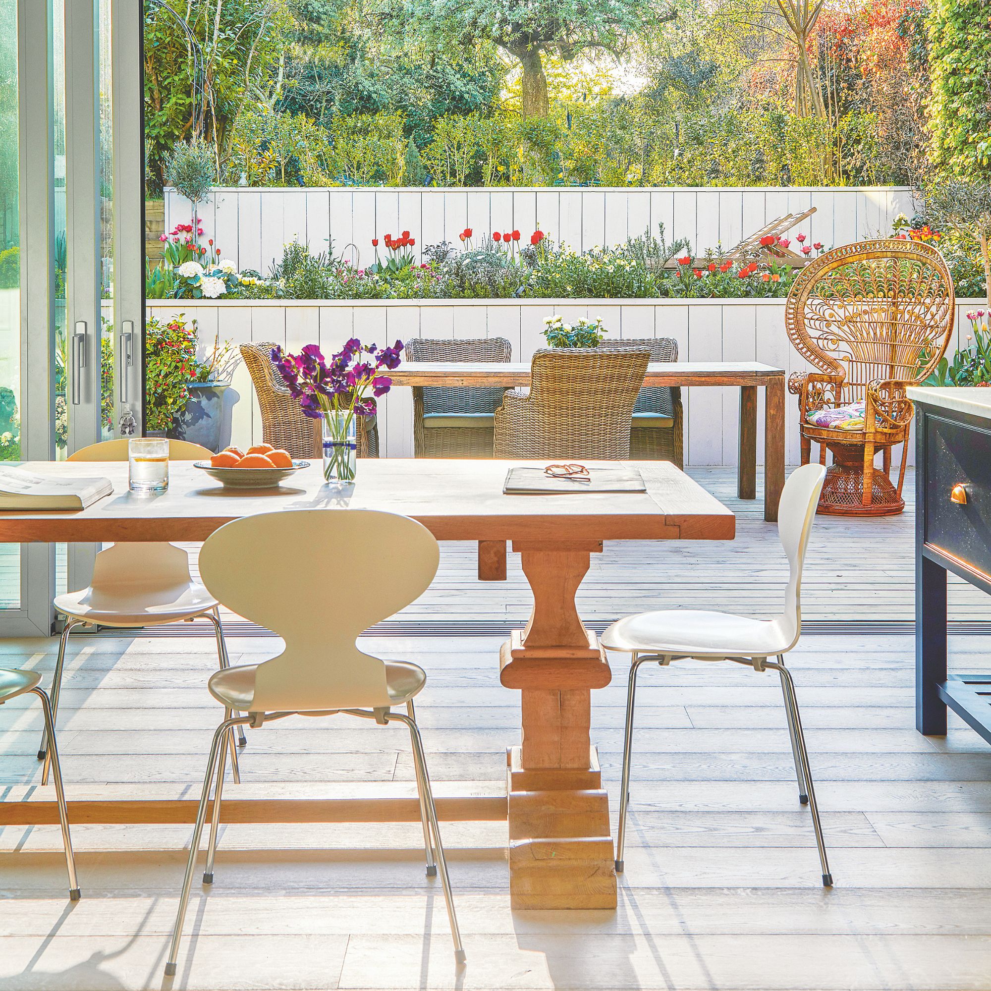 View of garden decking from kitchen area with matching wooden style