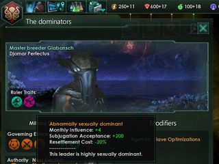 An unusually SFW image of Stellaris's sex mod, which includes species traits like "high volume ejaculation" and "aphrodisiac cum."