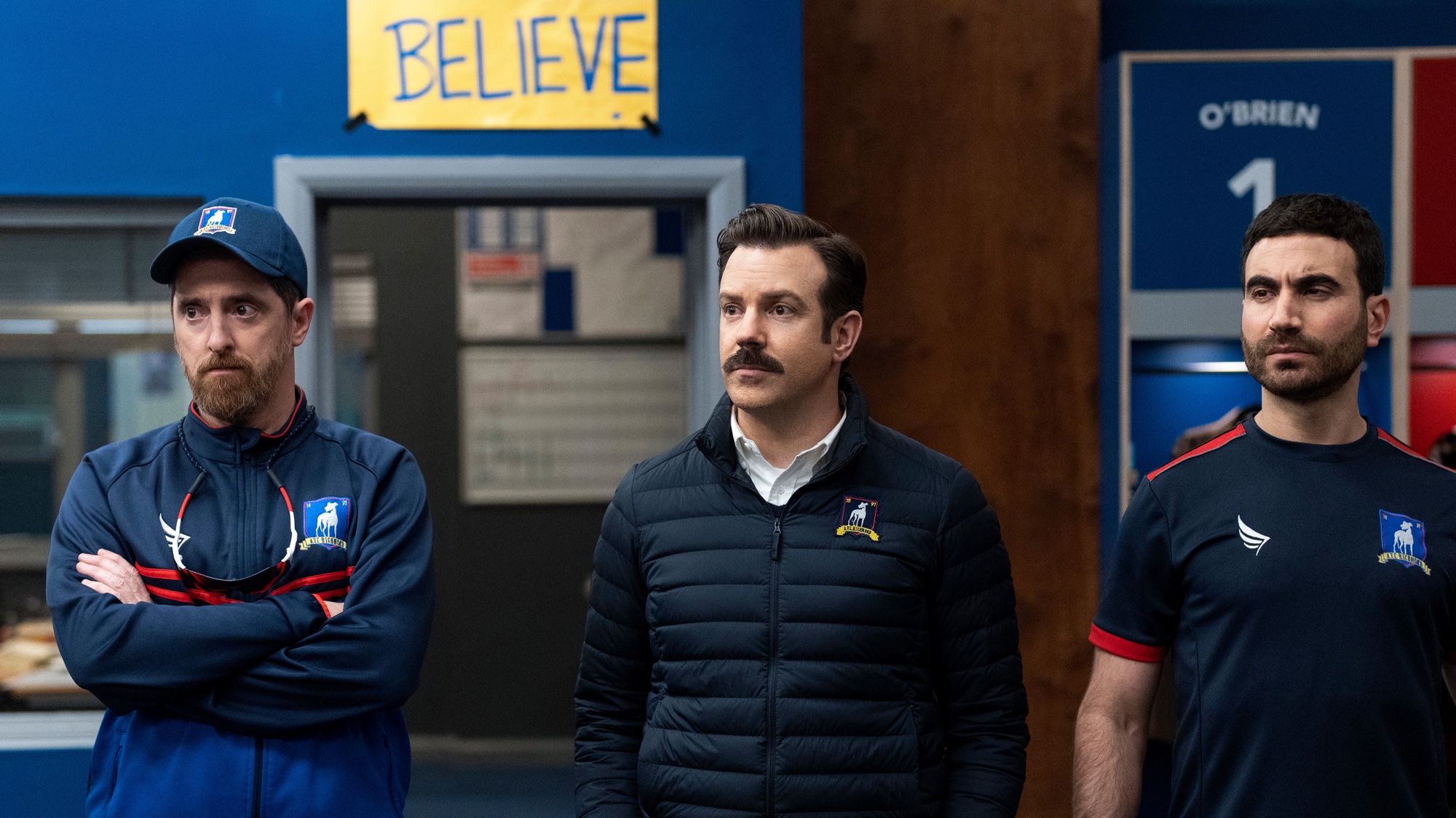 Brendan Hunt, Jason Sudeikis and Brett Goldstein in Ted Lasso