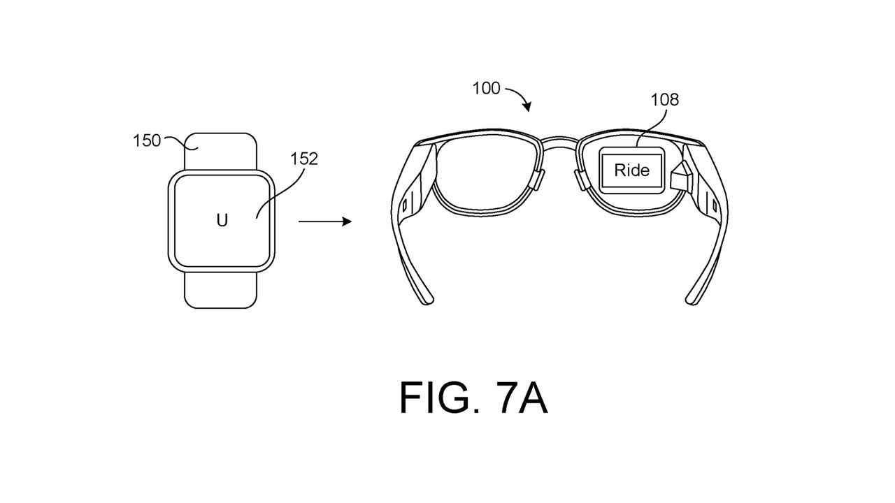 A Google patent figure showing a "U" shaped gesture on a watch touchscreen, followed by XR glasses opening up the "Uber" app