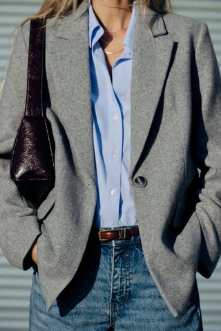 Straight Cut Wool Blend Herringbone Blazer