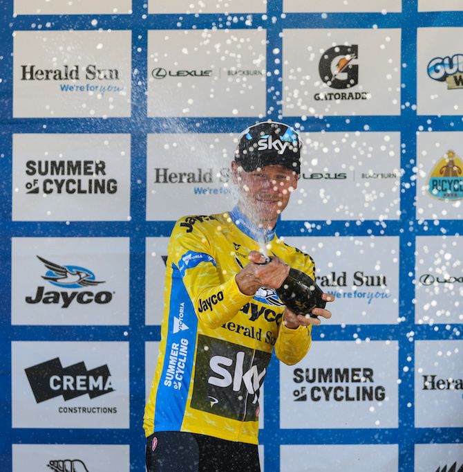 Dylan van Baarle (Team Sky) celebrates after having taken the race lead after stage 4 of the 2019 Herald Sun Tour