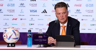 Louis van Gaal, Head Coach of Netherlands, speaks to the media in the post match press conference after a penalty shoot out loss during the FIFA World Cup Qatar 2022 quarter final match between Netherlands and Argentina at Lusail Stadium on December 09, 2022 in Lusail City, Qatar.