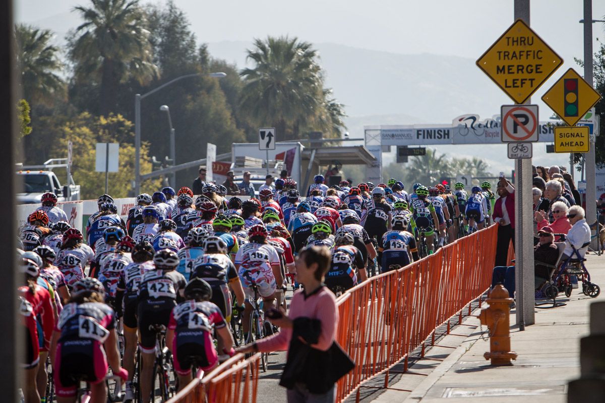 The women head through the finish on an early lap.