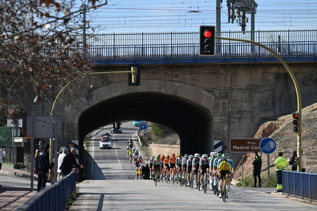 UBEDA SPAIN FEBRUARY 17 A general view of the peloton competing during the 4th Clasica Jaen Paraiso Interior 2025 a 1692km one day race from Ubeda to Ubeda on February 17 2025 in Ubeda Spain Photo by Tim de WaeleGetty Images
