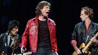Ronnie Wood, Mick Jagger and Keith Richards onstage in 2002