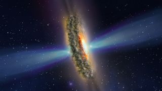 This illustration depicts one possible explanation for the mysterious bright rays and dark shadows observed emanating from the blazingly bright center of nearby active galaxy IC 5063.