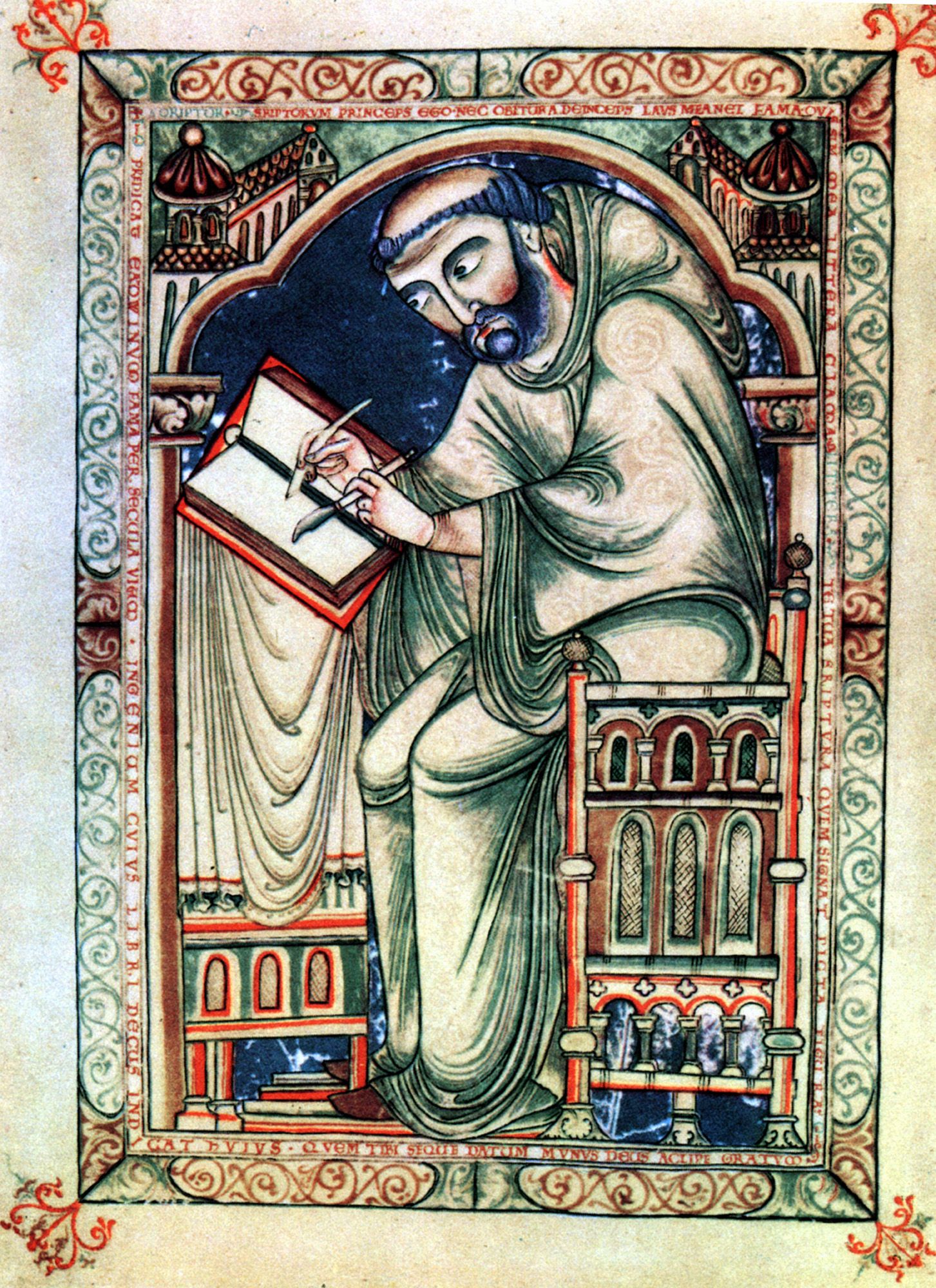 An old illustration of a monk holding a book sitting on a chair.