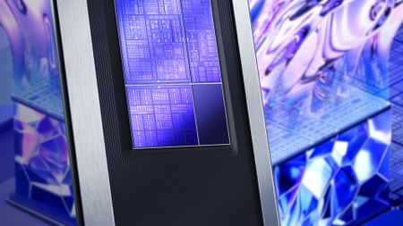 A composite image showing a stylised render of part of an Intel Panther Lake CPU, focusing on the iGPU, with a blurred render of the Xe3 module in the background.