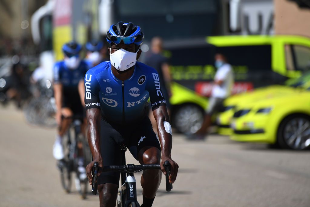 ESPINOSA DE LOS MONTEROS SPAIN JULY 30 Start Nicholas Dlamini of South Africa and Team NTT Pro Cycling Sargentes de la Lora Village during the 42nd Vuelta a Burgos 2020 Stage 3 a 150km stage from Sargentes de la Lora to Espinosa de los Monteros Picn Blanco 1486m VueltaBurgos on July 30 2020 in Espinosa de Los Monteros Spain Photo by David RamosGetty Images