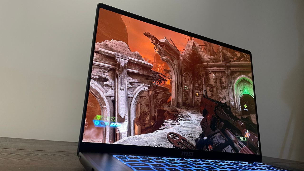 An MSI Stealth 16 AI+ gaming laptop with RTX 5080 mobile (125 W).
