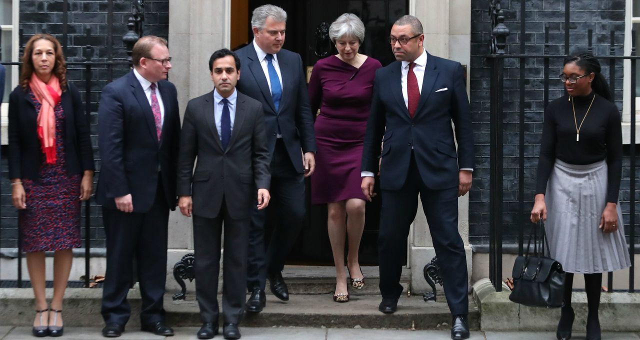 Theresa May with Conservative Party chair Brandon Lewis, deputy James Cleverly and others.