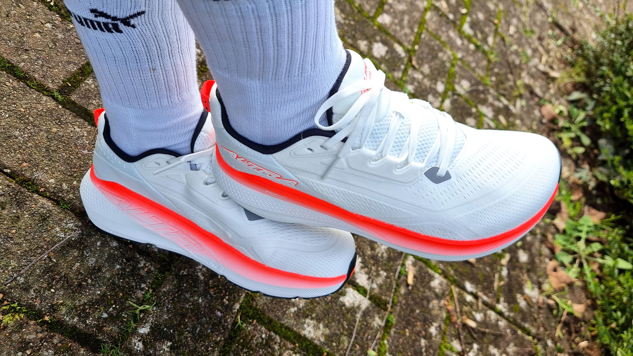 a close-up picture of our reviewer testing the Altra FWD VIA 2 running shoes