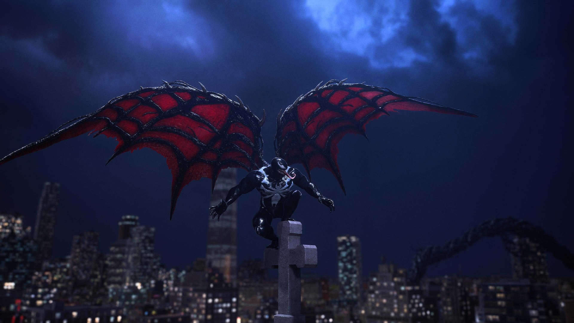 Venom steigt mit roten Flügeln in Vampir-gleicher Gestalt in den Himmel auf