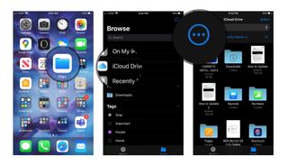 How to manually create a folder in iOS: Open Files, Tap iCloud Drive, Tap three dots.