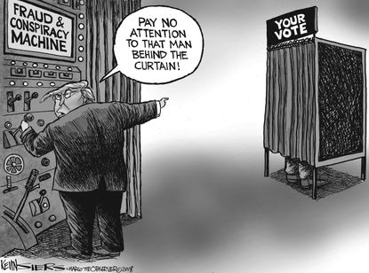 Political cartoon U.S. Trump midterm elections voter fraud conspiracy