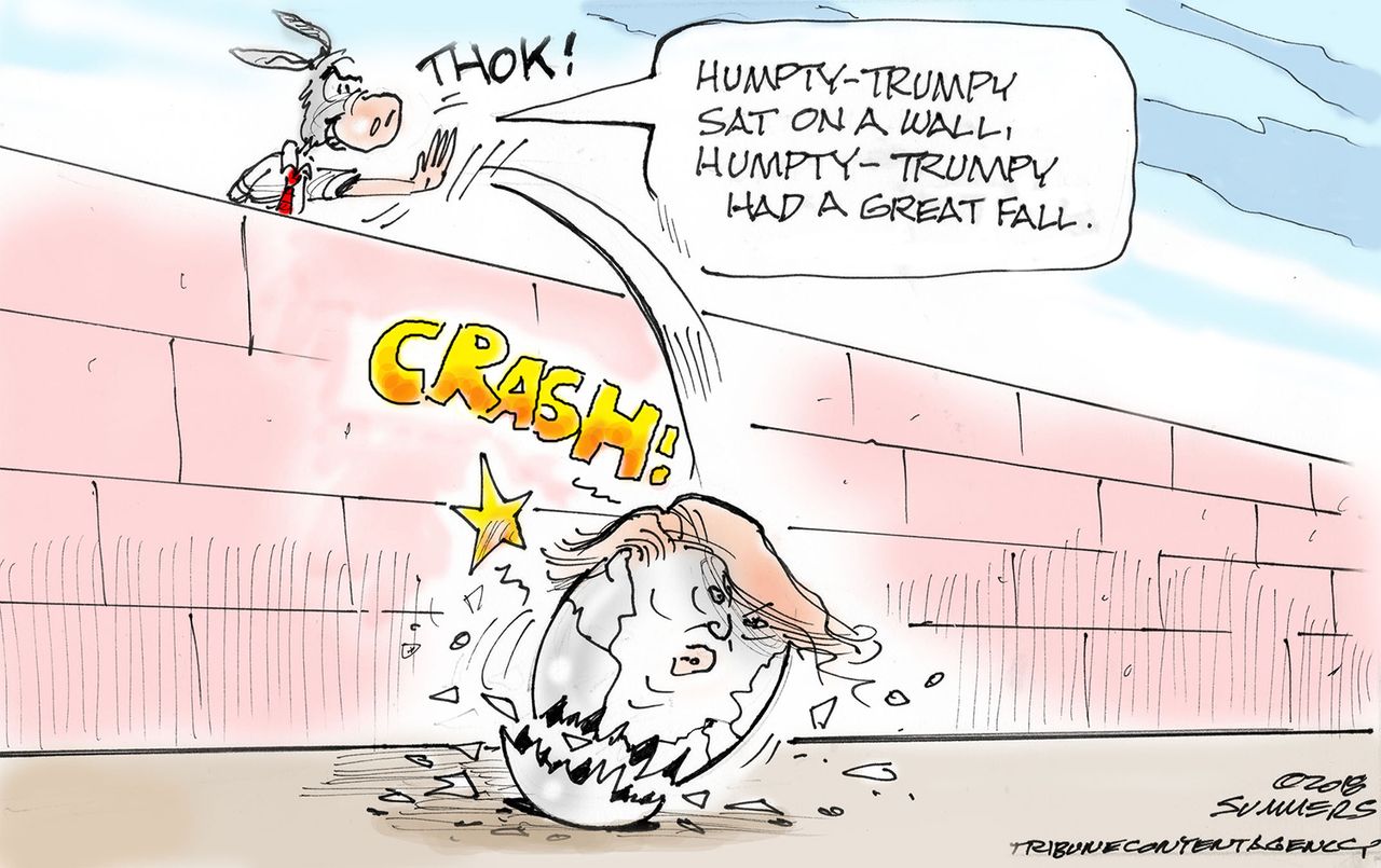 Political cartoon U.S. Trump border wall humpty dumpty funding Democrats