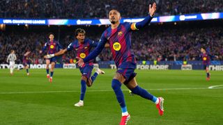 Raphinha of FC Barcelona celebrates scoring his team's first goal during the UEFA Champions League 2025/26 Round of 16 Second Leg match between FC Barcelona and Newcastle United
