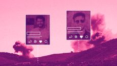 Photo collage of two dating app profiles on top of a photo of Lebanese countryside being bombed by Israeli army
