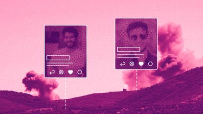 Photo collage of two dating app profiles on top of a photo of Lebanese countryside being bombed by Israeli army