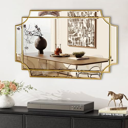 Hqijun Gold Mirror for Wall, 36x24 Gold Wood Framed, Scalloped Beveled Polished Rectangle Mirror, Large Decorative Mirrors for Wall Decor, Irregular Mirror for Living Room, Bathroom Vanity, Entryway