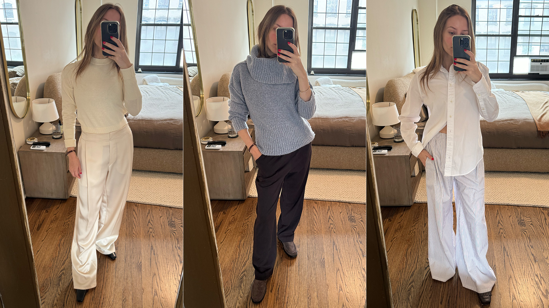 Nikki wears three different outfits featuring Leset pants.